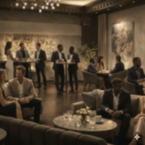 Stilvolle Szene in einem modernen Lounge-Lokal, Menschen im Gespräch